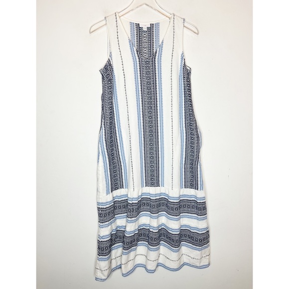 J Jill Blue White Cotton Embroidered Tiered Midi Summer Dress - Picture 2 of 9